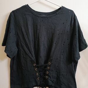 Iris Black Lace-Up Short Sleeve Tee